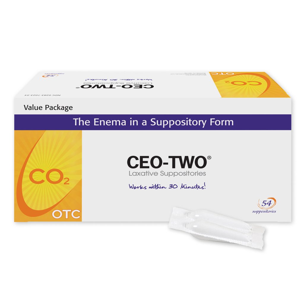 CEO-TWO laxative suppositories box labeled ‘The Enema in a Suppository Form,’ with one suppository shown in front.