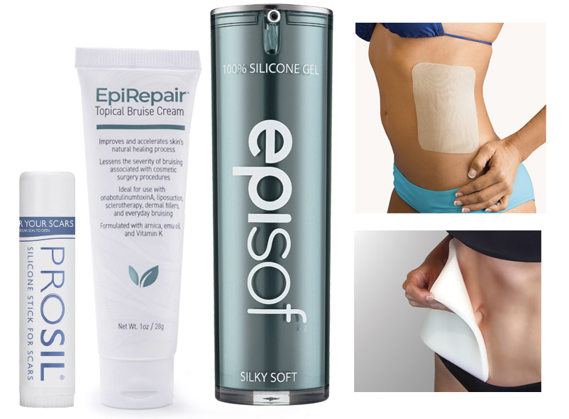 Scar and skincare products with silicone gel, cream, and body patch.