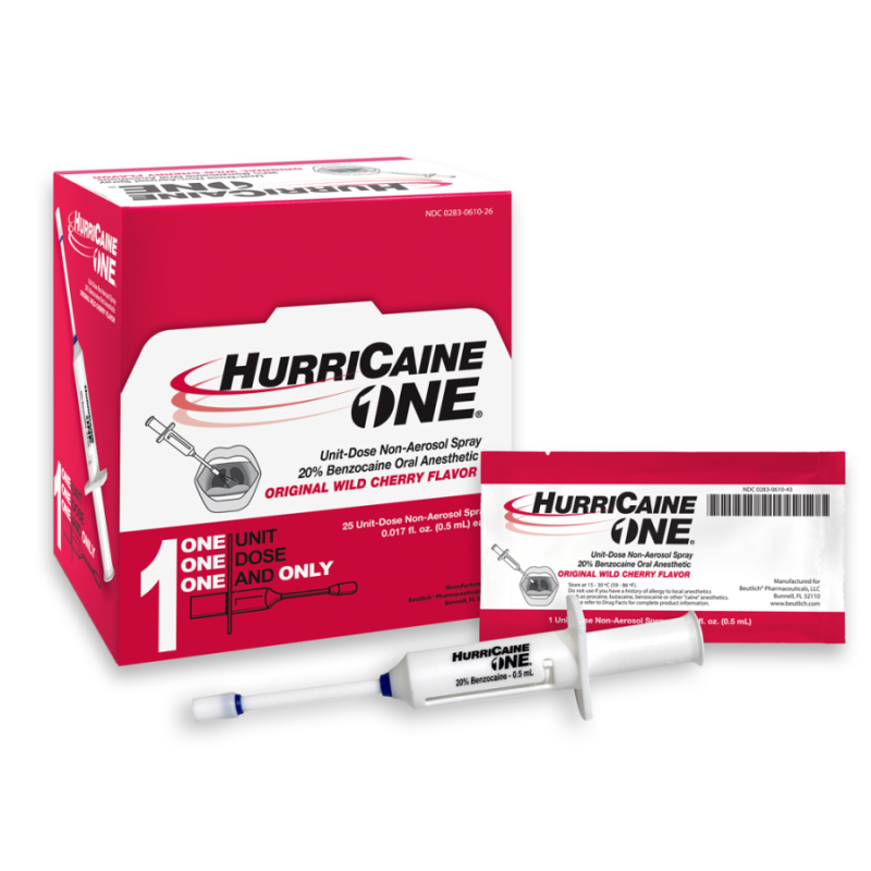 HurriCaine ONE unit-dose non-aerosol spray with 20% Benzocaine oral anesthetic in original wild cherry flavor, showing product box, packet, and applicator syringe.