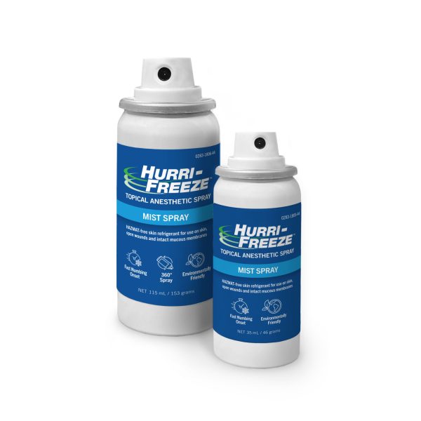HurriFreeze topical anesthetic mist spray cans in two sizes with blue and white labels.