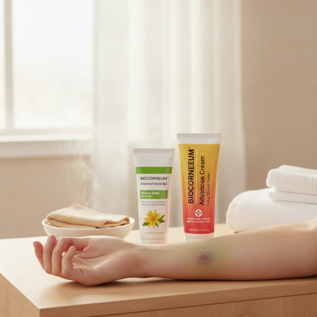 Bruise treatment guide showing bruise healing stages with arnica gel bruise treatment and bruise cream after day one