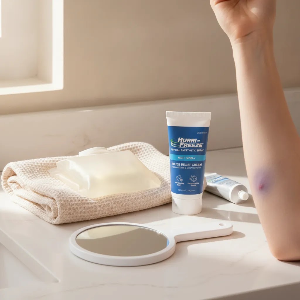 Bruise treatment guide hero image showing cold pack, arnica gel, and bruise cream for post procedure bruise care