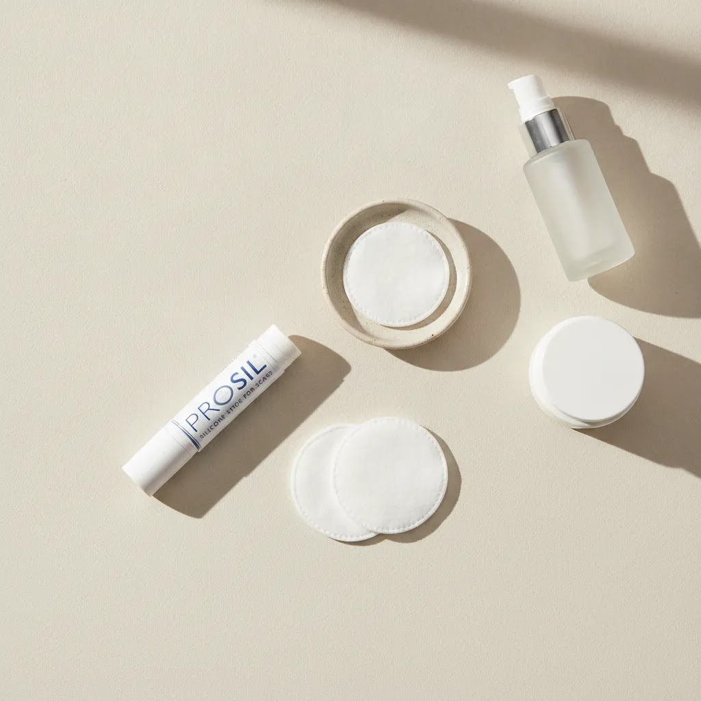 prosil silicone scar stick flat lay illustrating portable silicone based scar gel style scar care