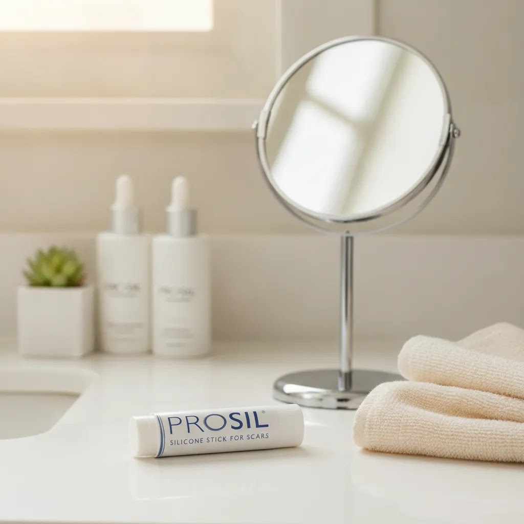 prosil silicone scar stick shown in a clean bathroom setting for topical scar care after surgery