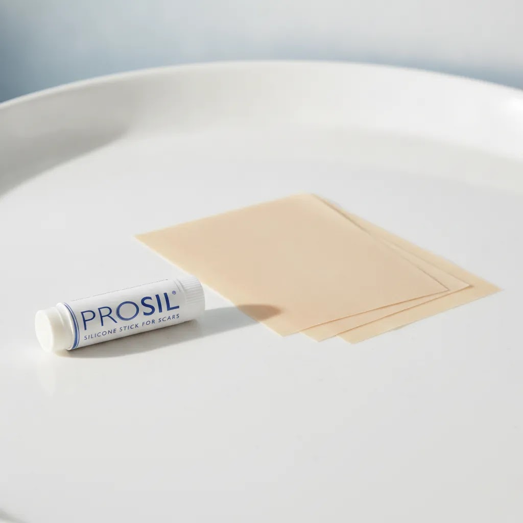 prosil silicone scar stick compared with silicone sheets for scars in a side by side visual