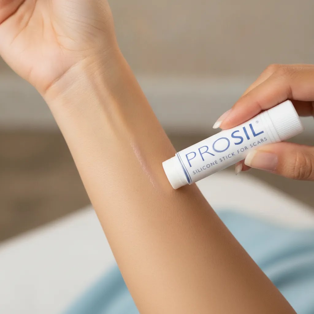 prosil silicone scar stick being applied to a healed scar to illustrate when to start scar treatment after surgery
