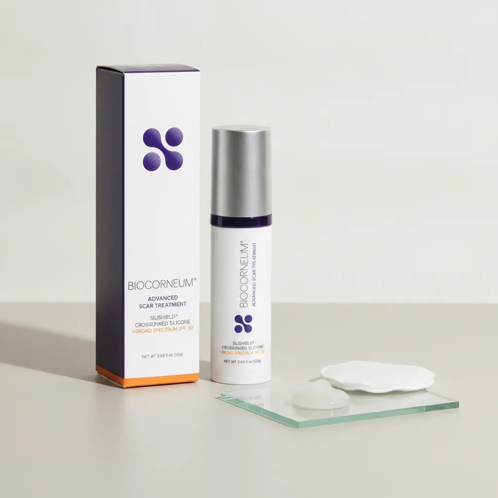 Acne scar cream routine image showing BIOCORNEUM 10g with minimal clinical skincare props