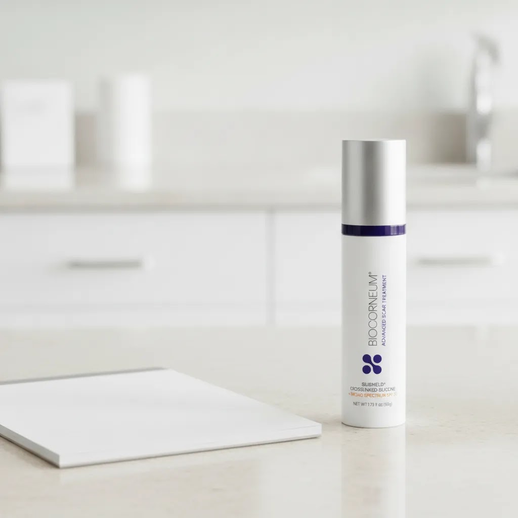Acne scar cream expectations image with BIOCORNEUM 50g in a professional clinical environment