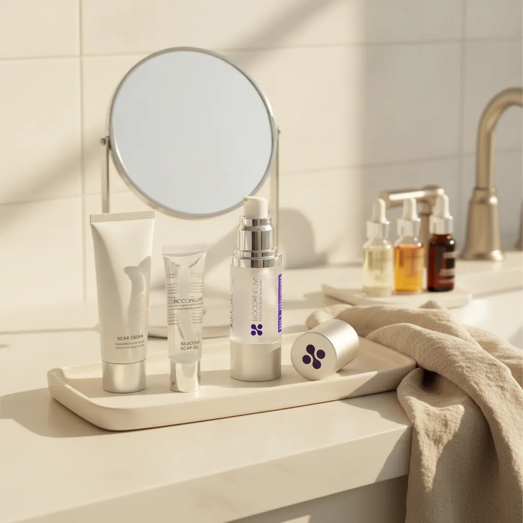 Acne scar products arranged in a clean editorial skincare flat lay with serum, cream, and silicone gel for acne scar treatment products