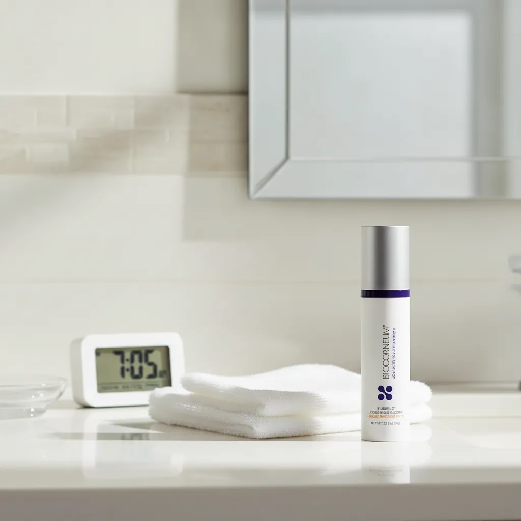 Acne scar removal cream routine image featuring BIOCORNEUM 50g in a clean morning skincare setup