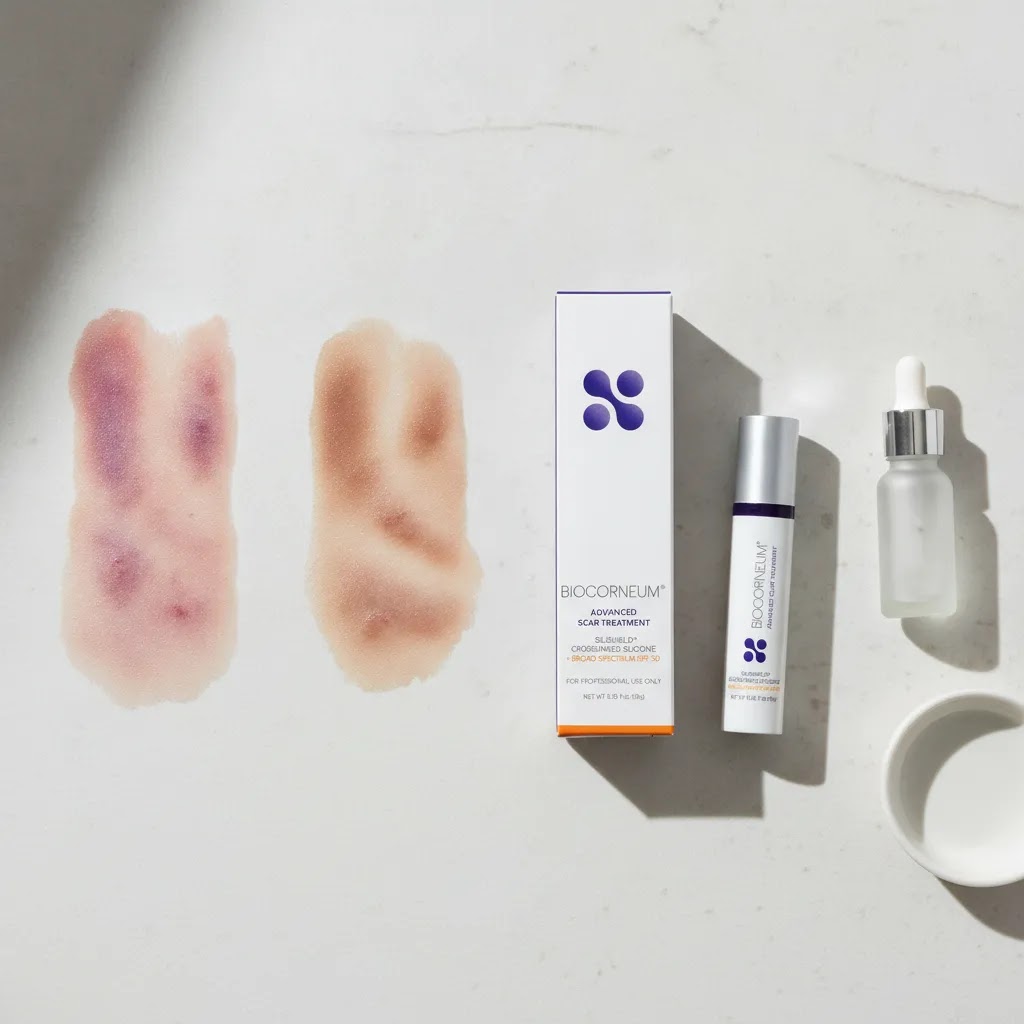 Acne scar removal cream comparison image showing different acne mark types including redness, hyperpigmentation, and indented scars