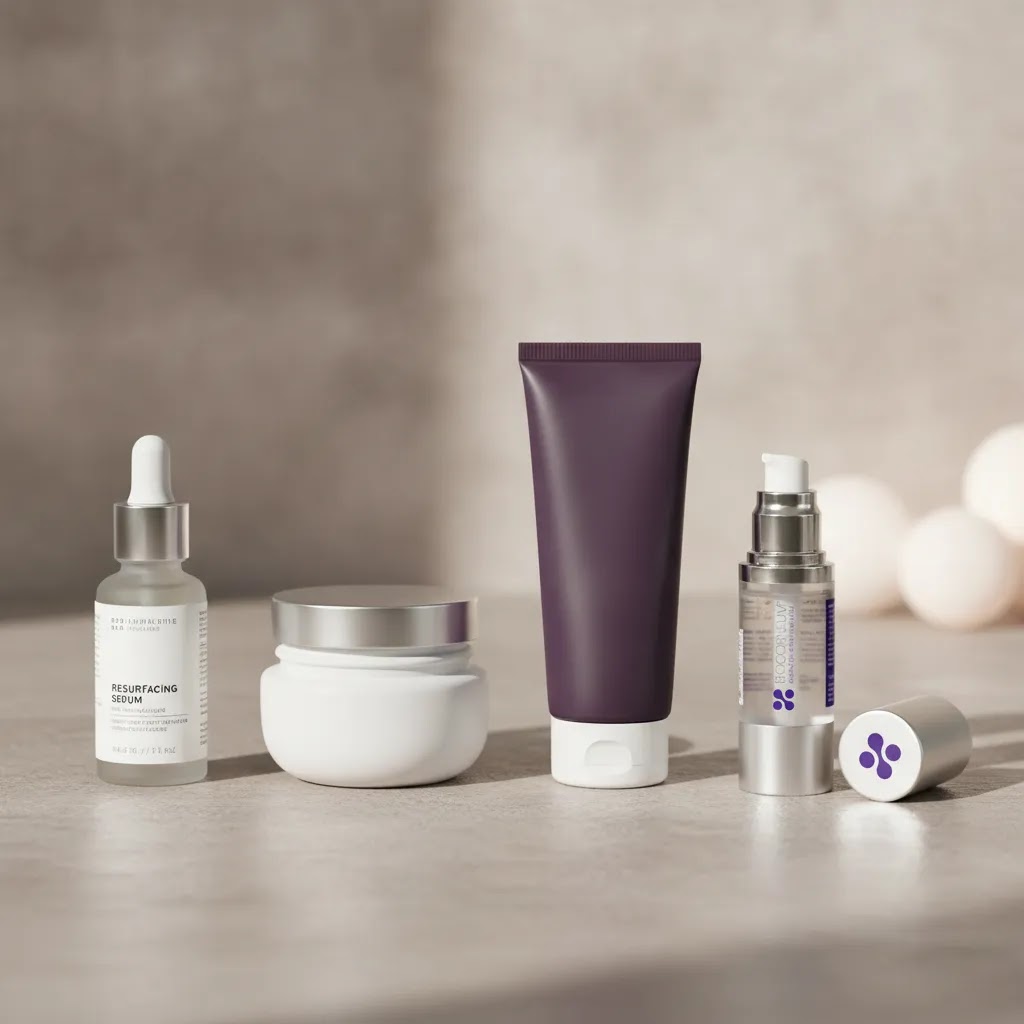 Acne scar treatment products comparison showing serum cream mask and silicone gel categories for different scar concerns