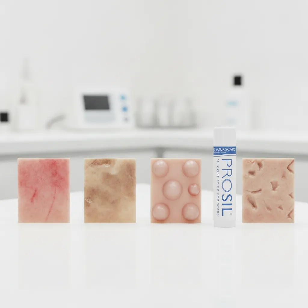 Does silicone scar gel work on acne scars comparison image showing different acne scar and acne mark types beside silicone gel
