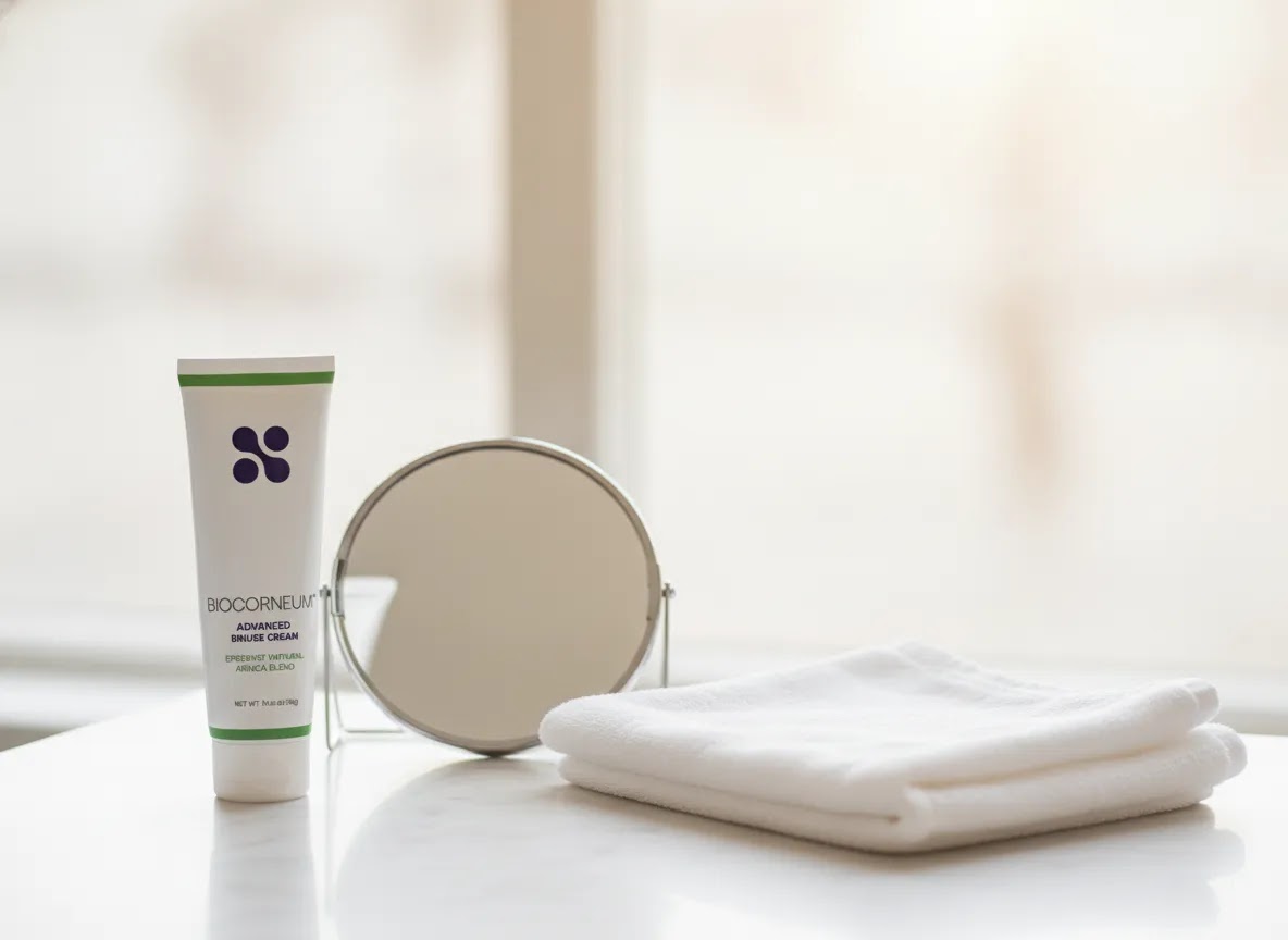 Arnica gel bruise treatment image showing BIOCORNEUM Advanced Bruise Cream for early bruise care after cosmetic treatment