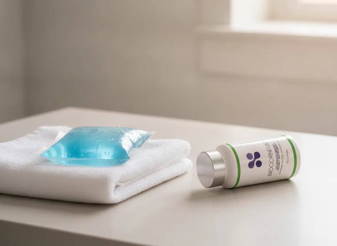Arnica gel bruise treatment hero image with BIOCORNEUM Advanced Bruise Cream in a clean recovery setting