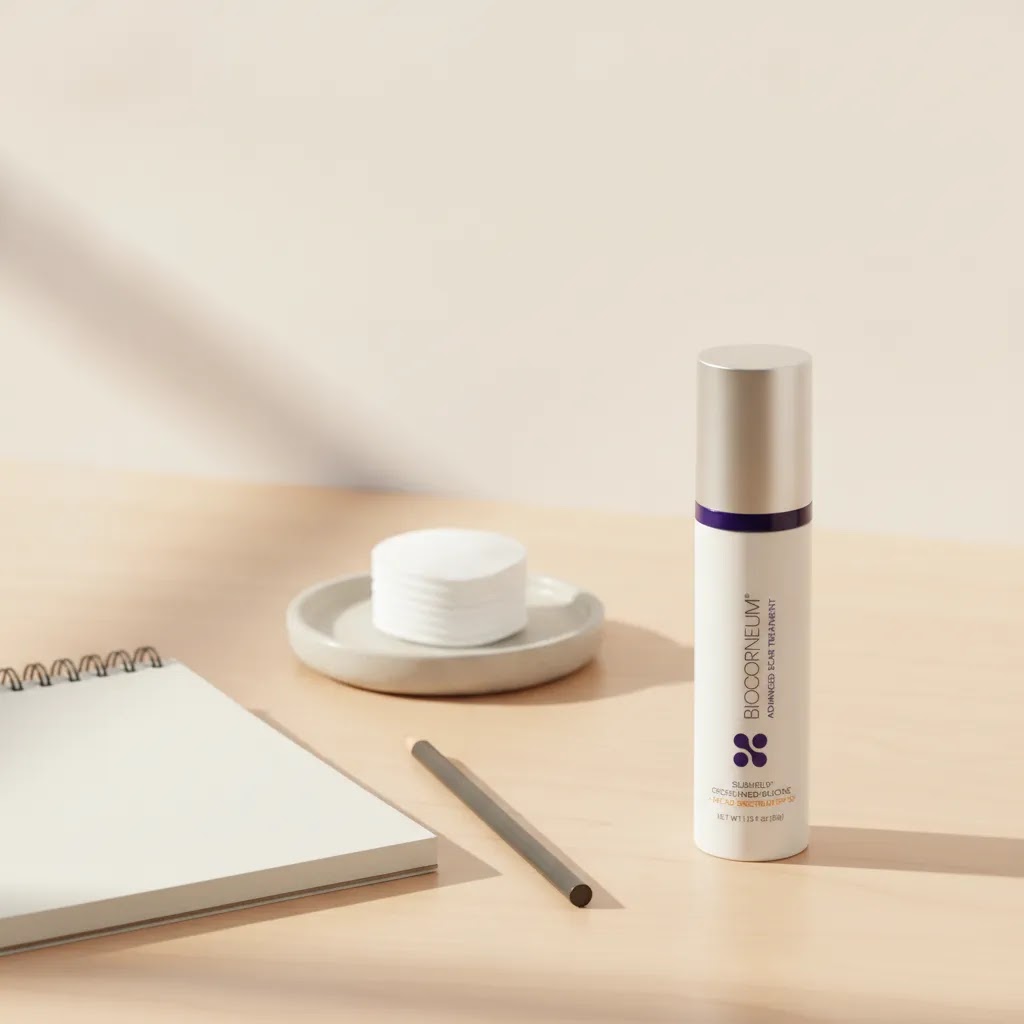 Best acne scar cream selection guide image with BIOCORNEUM 50g on a clean clinical desk