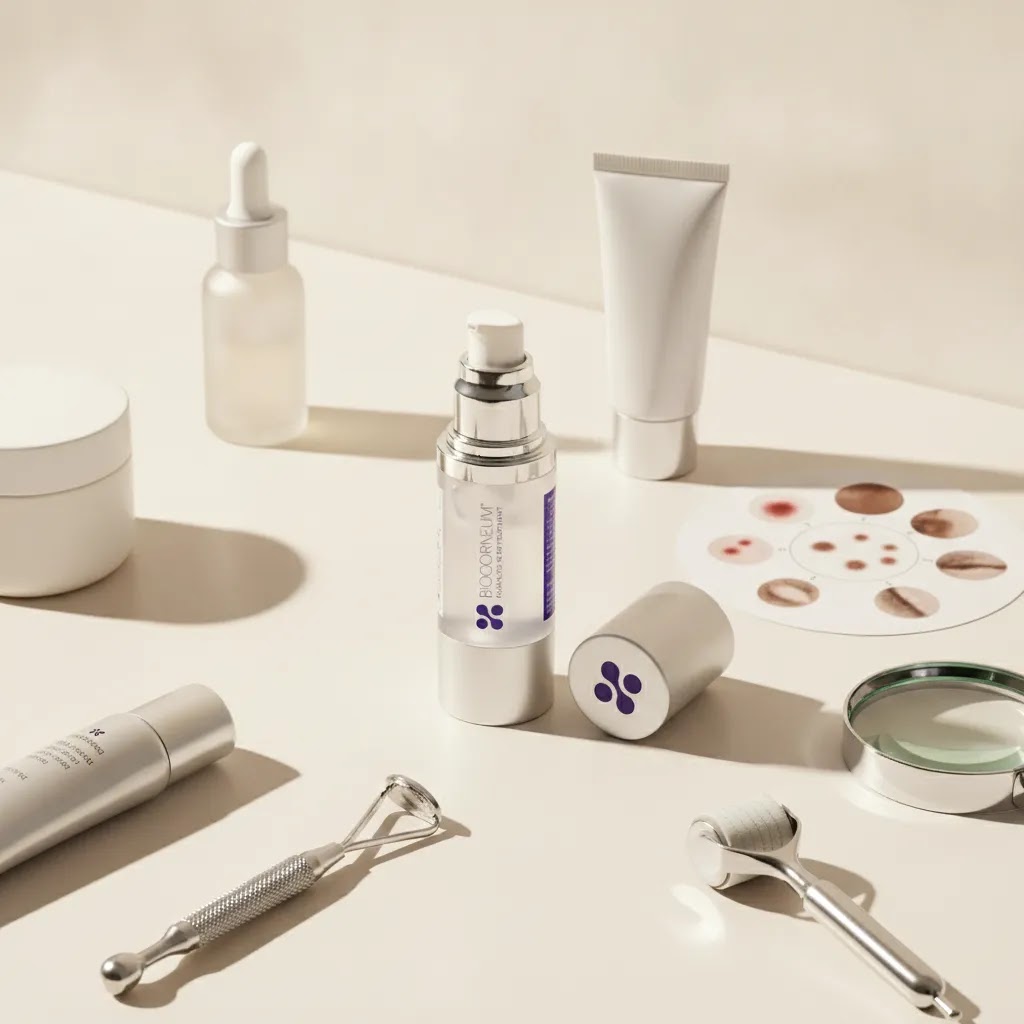 Best acne scar treatment guide hero image with skincare products and visual acne scar type comparison