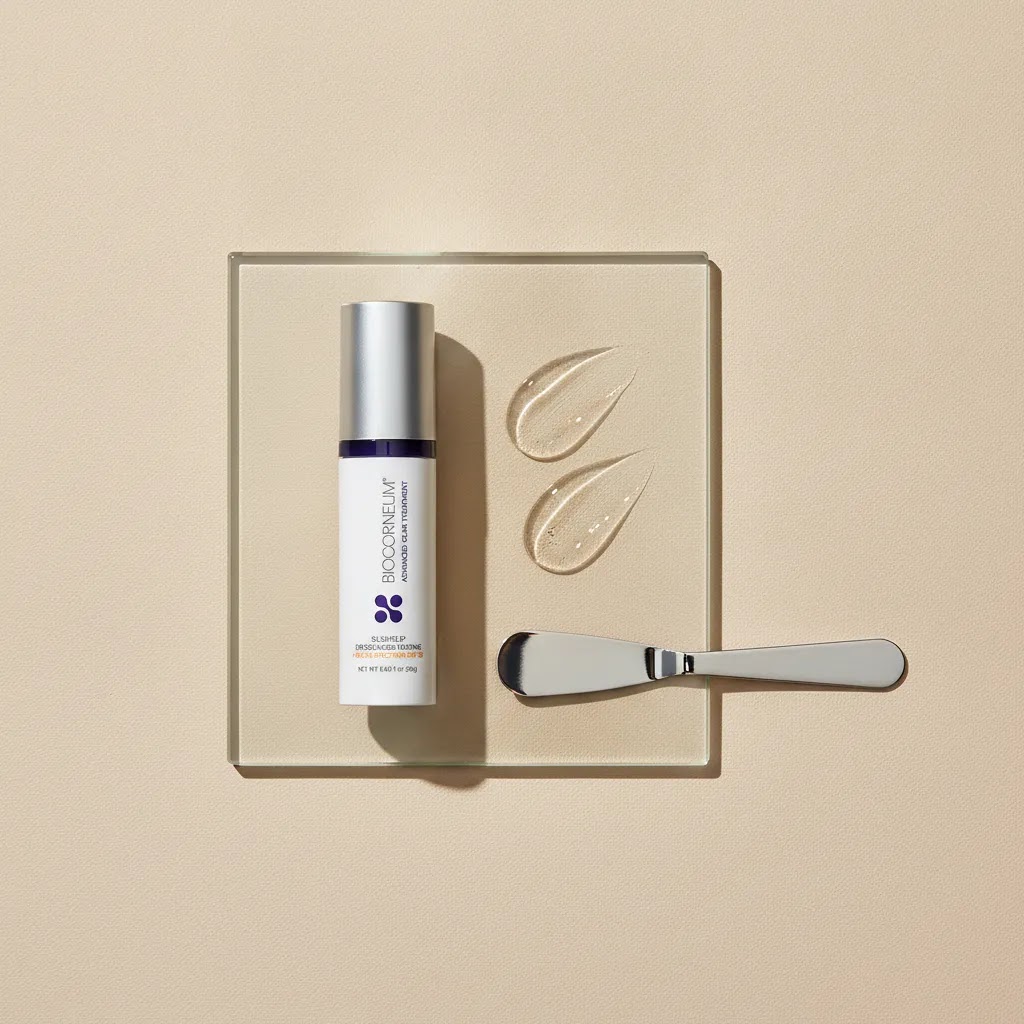 Best acne scar treatment comparison image with BIOCORNEUM 20g and clean clinical skincare texture props