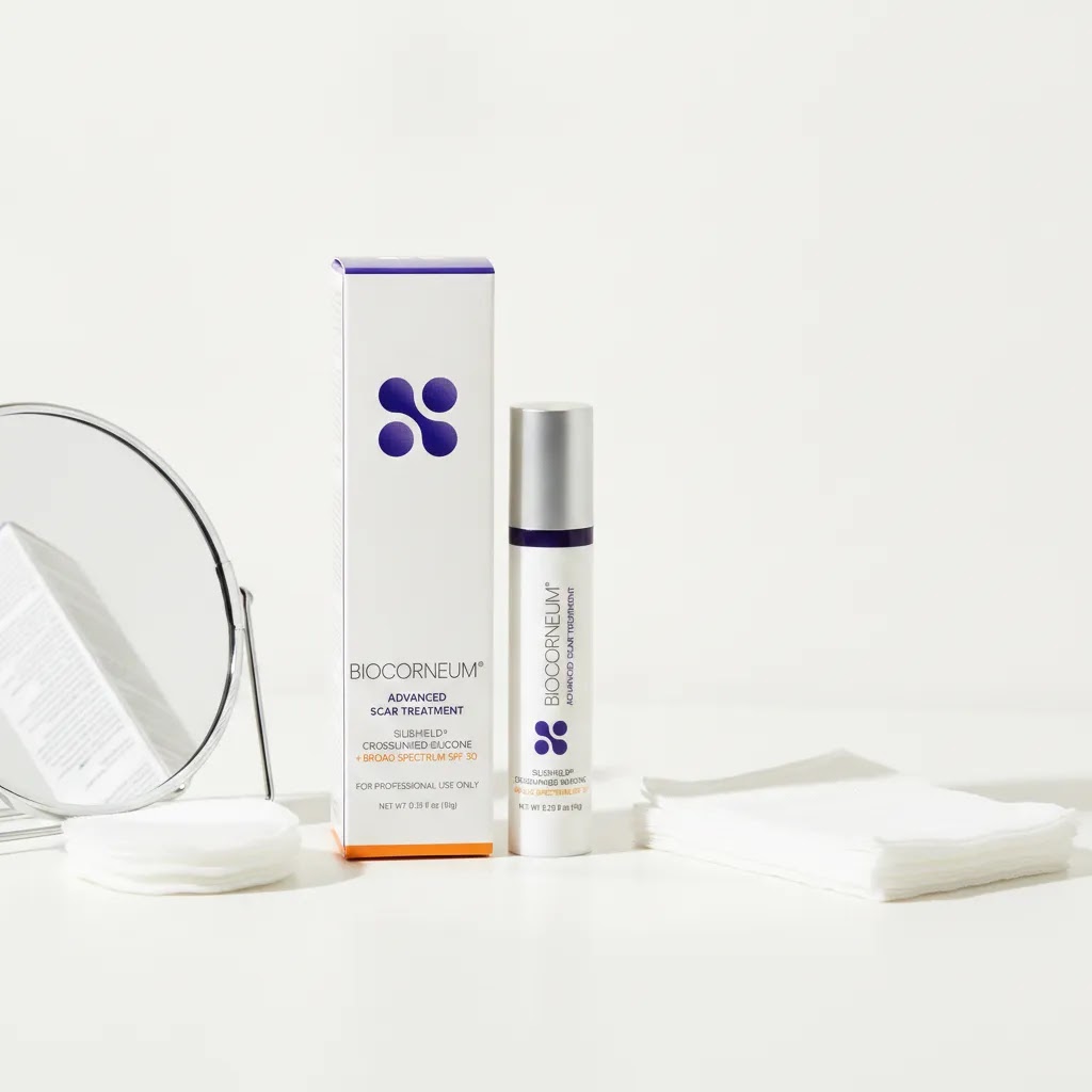 Best scar cream after surgery image showing BIOCORNEUM 10g in a clean post-operative skincare routine setting