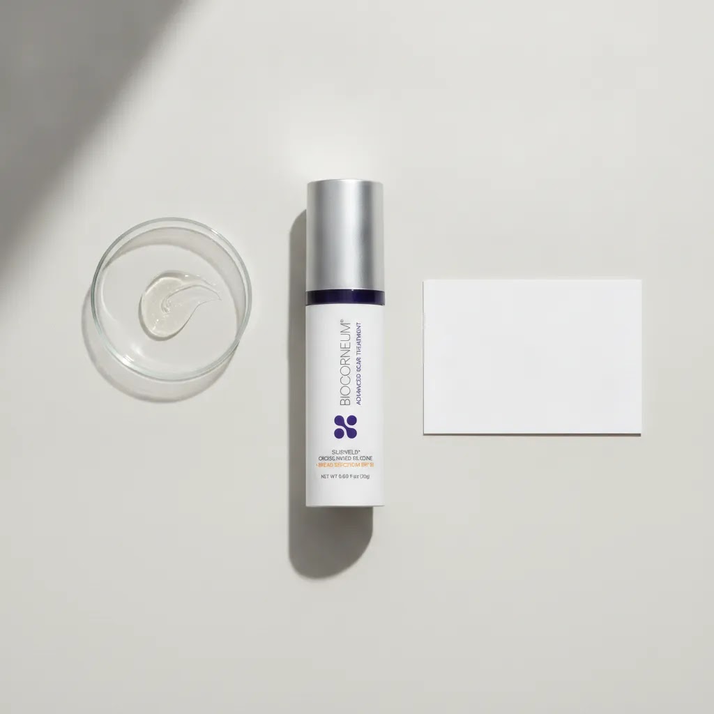Best scar cream after surgery comparison image featuring BIOCORNEUM 20g in a minimalist clinical editorial setup