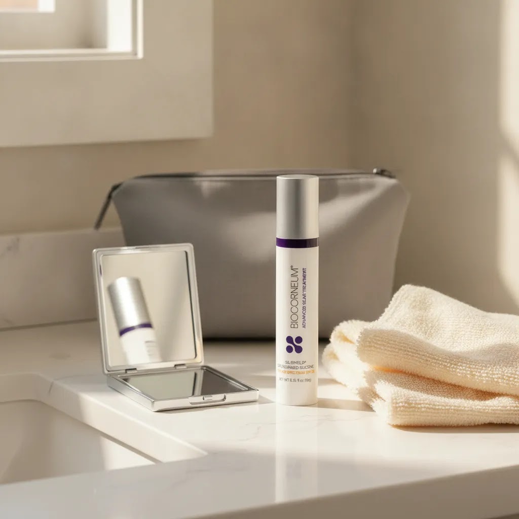 Biocorneum SPF 30 10g product info and reviews image showing the 10g tube styled for travel-friendly daily scar care use