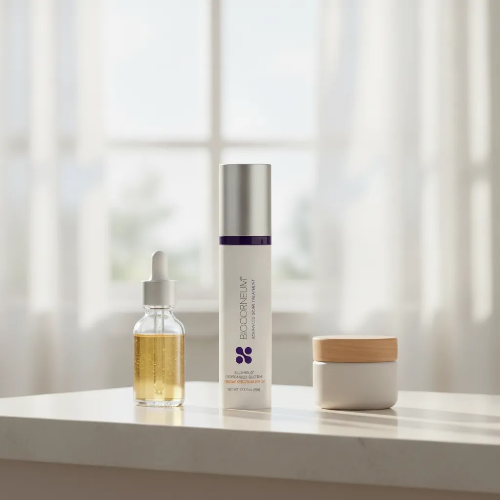 Biocorneum advanced scar treatment with SPF 30 displayed in a clean skincare setting for daily scar care and sun protection