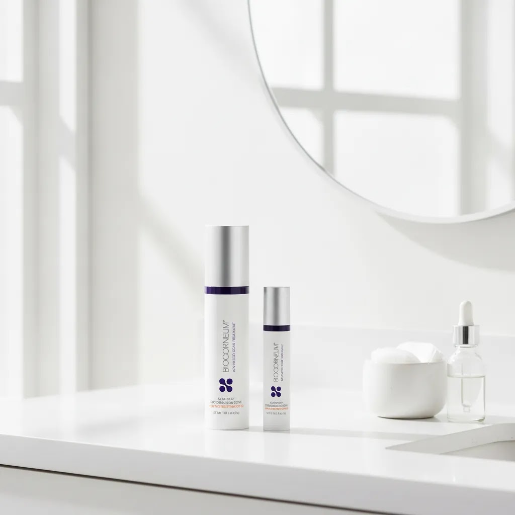 Biocorneum plus SPF 30 silicone scar gel displayed in a clean skincare setting for daily healed scar care