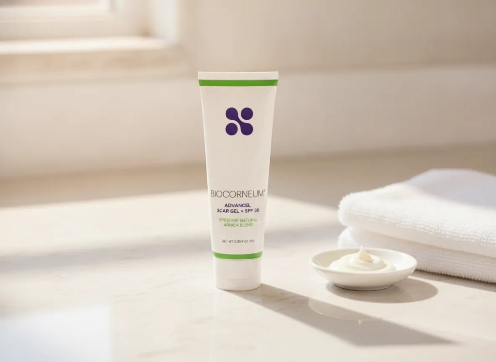 Biocorneum silicone scar gel + SPF 30 featured on a clean clinical surface for a biocorneum review