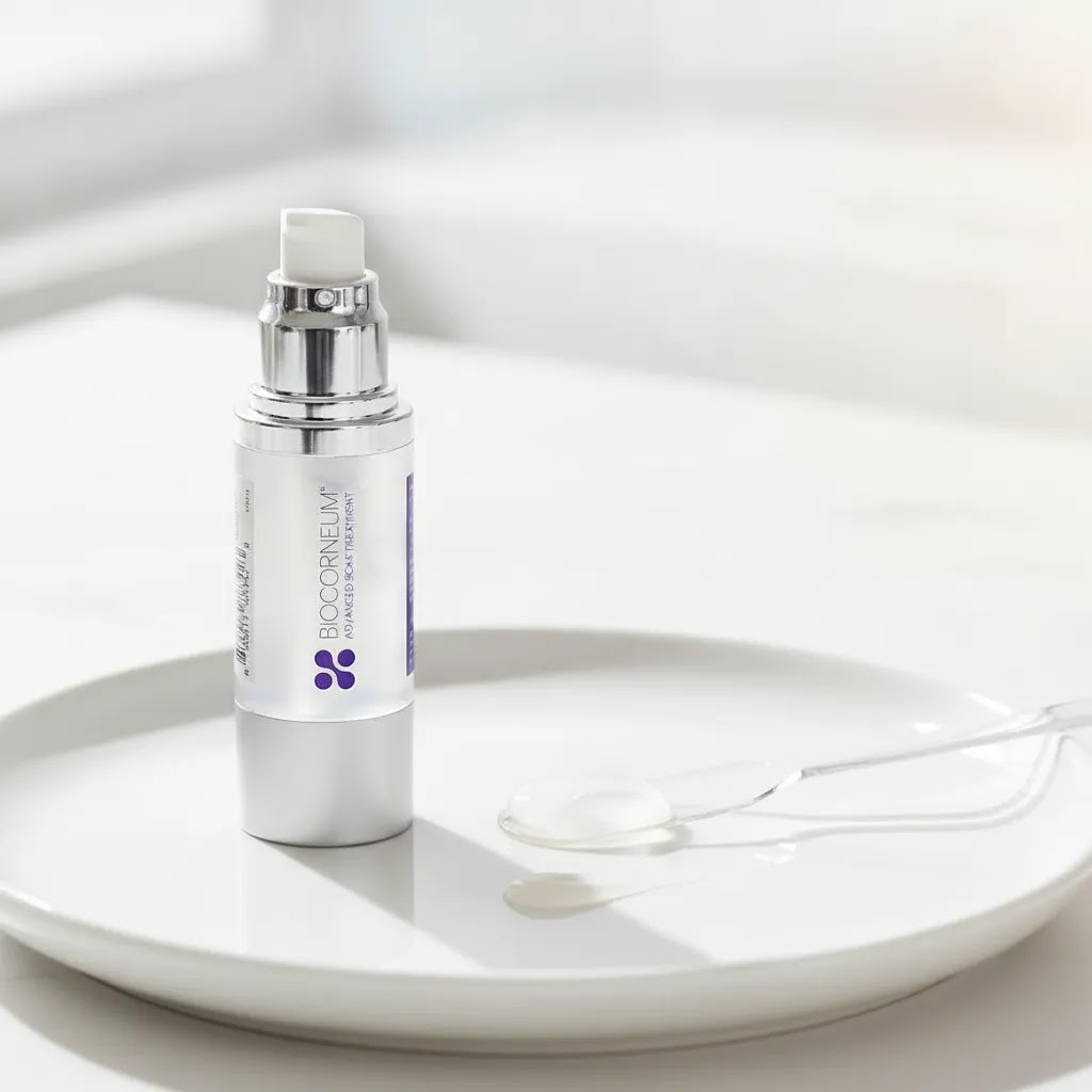 Mederma vs Biocorneum texture comparison image highlighting BIOCORNEUM scar gel silky finish and daily wear appeal