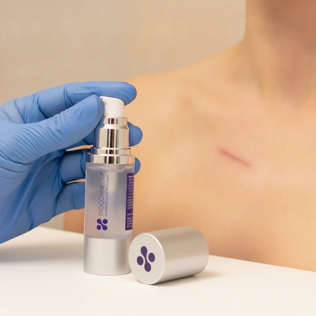 Biocorneum scar treatment shown near a fully closed incision to illustrate proper timing after skin closure