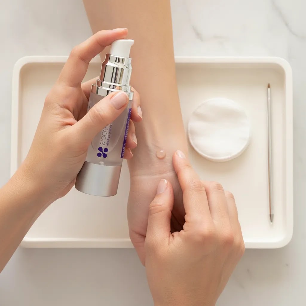 Biocorneum scar treatment application protocol with thin silicone gel layer on a healed scar