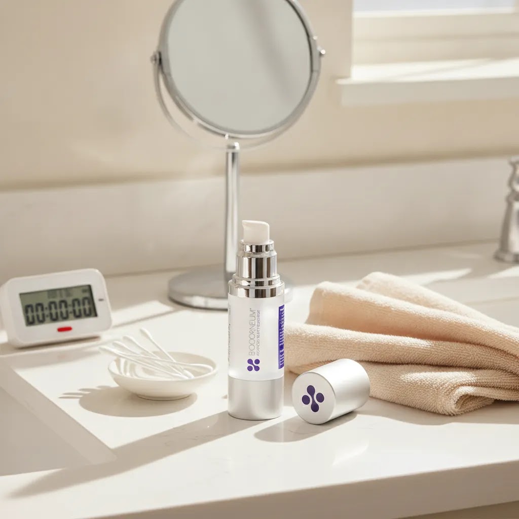 Biocorneum scar treatment silicone gel displayed in a clean bathroom setting for post-procedure scar care