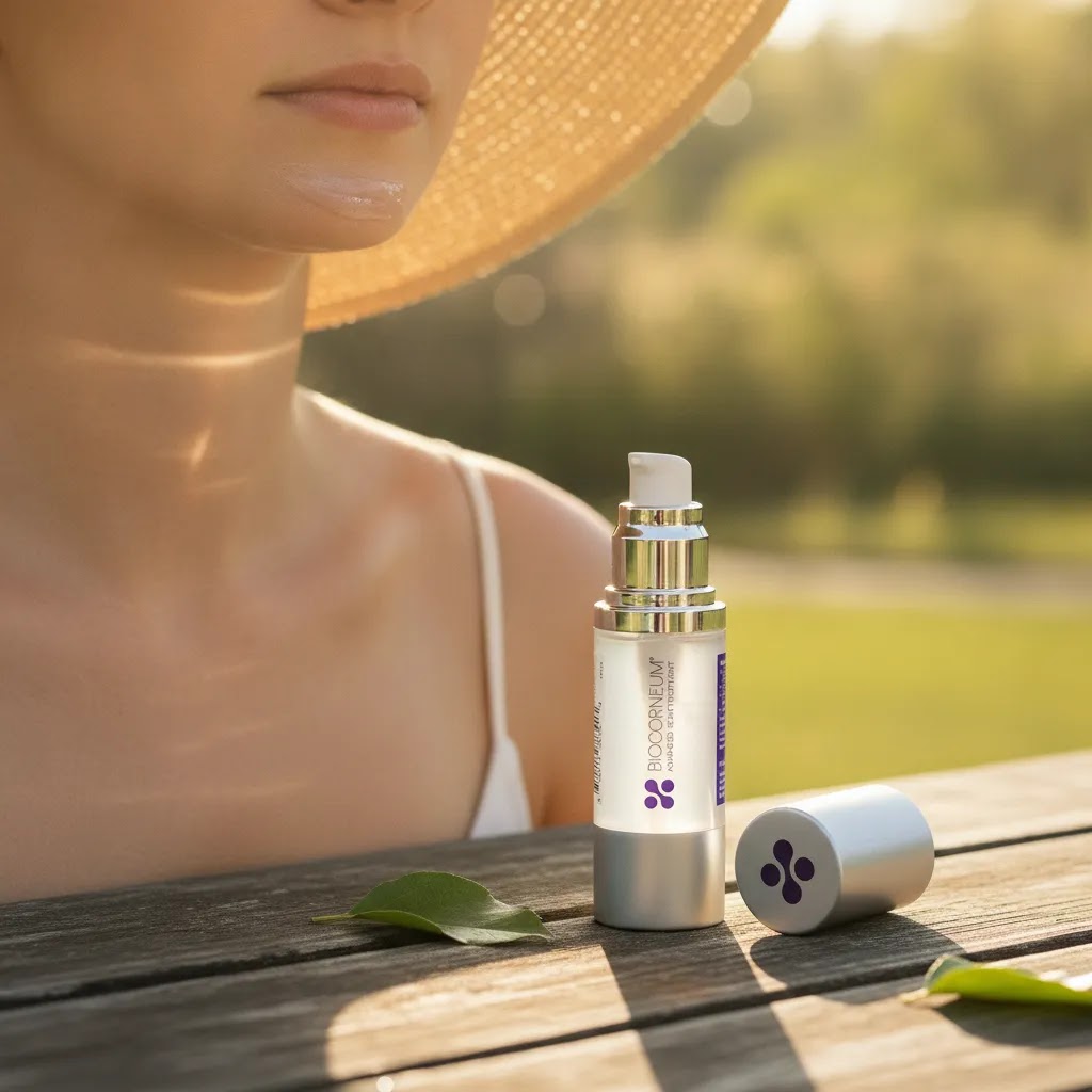Biocorneum scar treatment routine highlighting scar protection from sun exposure after healing