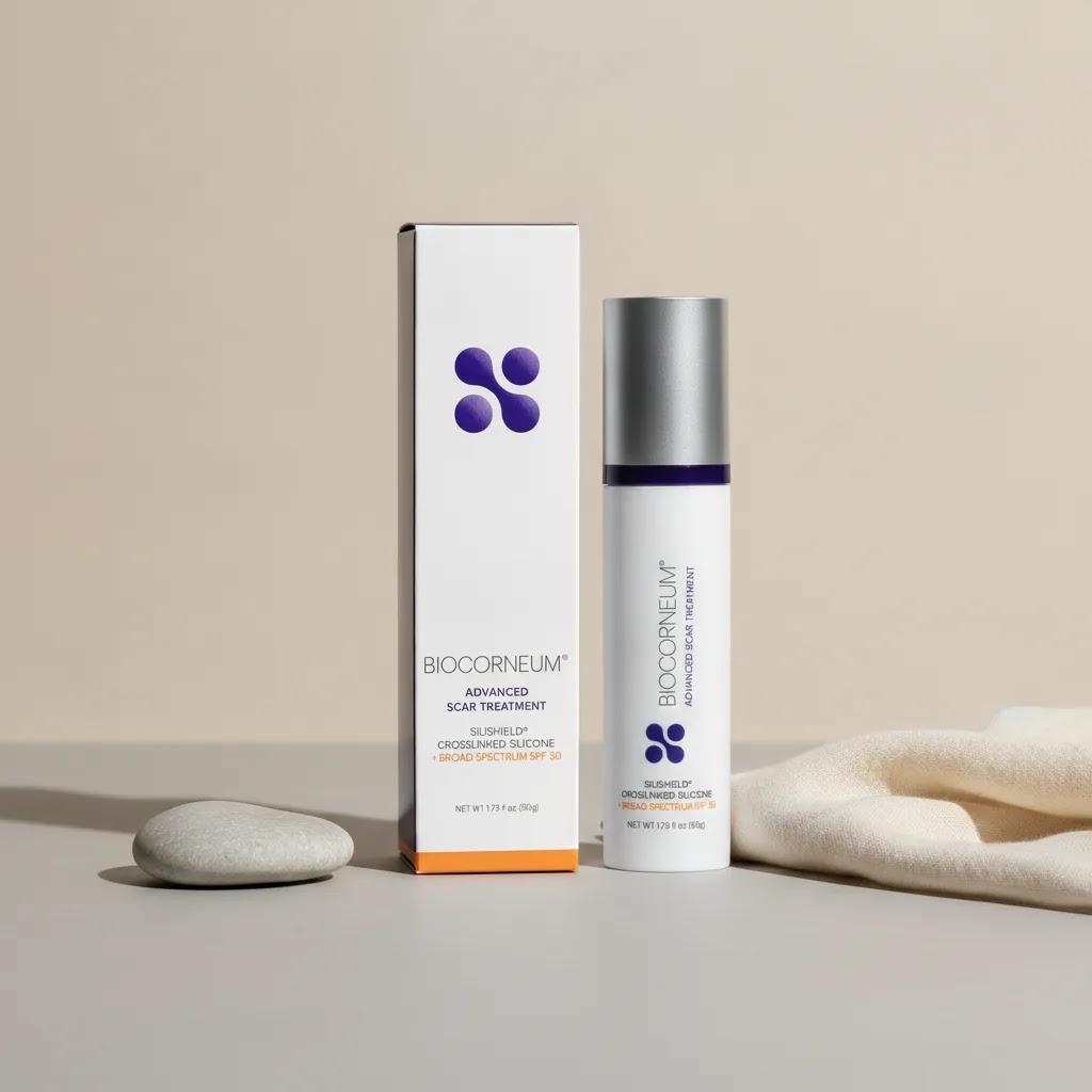 Biocorneum comparison image featuring SiliSilk Advanced Scar Gel 30g in a minimalist editorial layout