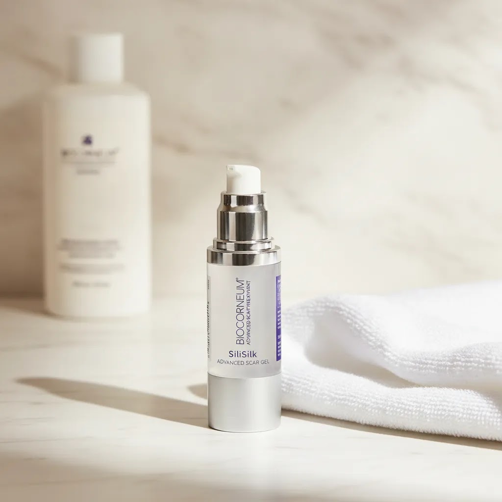 Silagen vs Biocorneum routine image featuring BIOCORNEUM SiliSilk Advanced Scar Gel 30g in a clean skincare setting