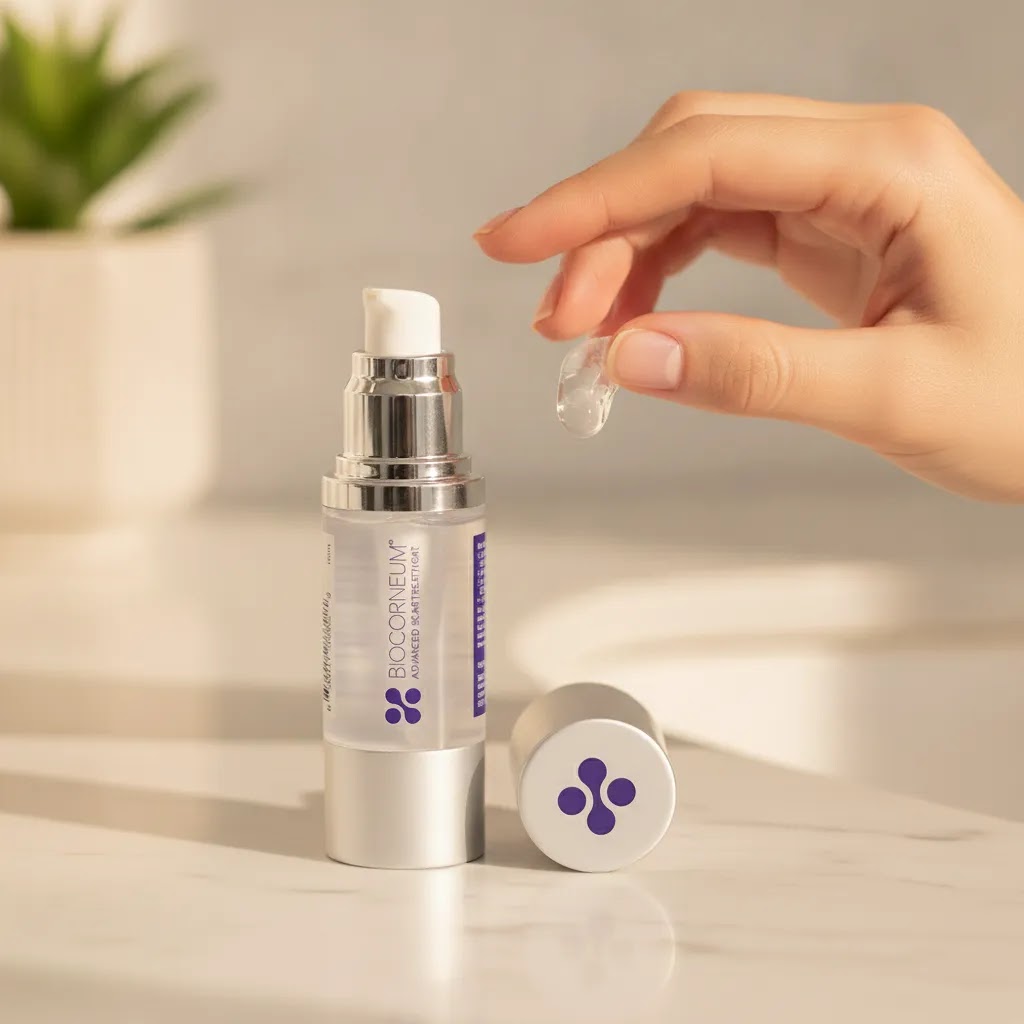 BIOCORNEUM SiliSilk silicone gel being applied to red acne scars as part of gentle scar care