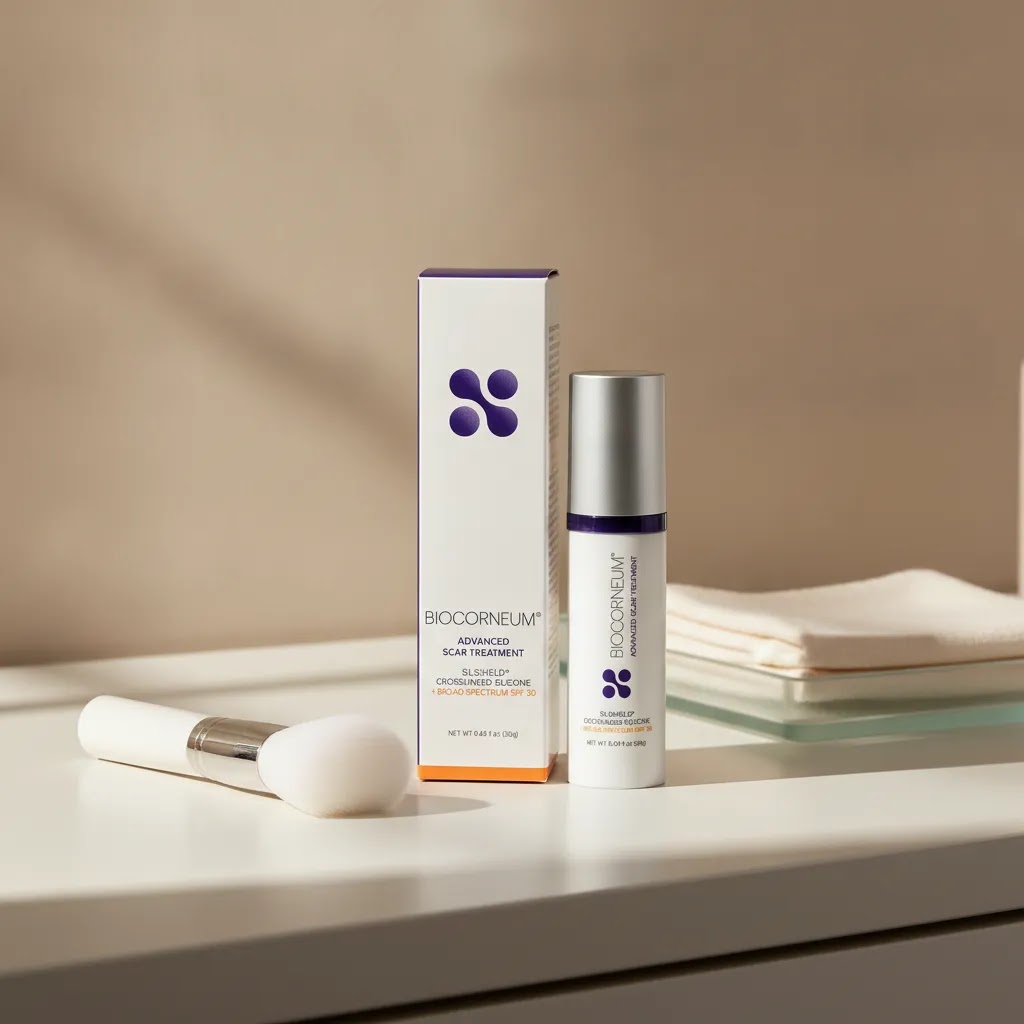 Biocorneum vs Silagen comparison image featuring BIOCORNEUM SiliSilk SPF-free scar gel for daily skincare layering