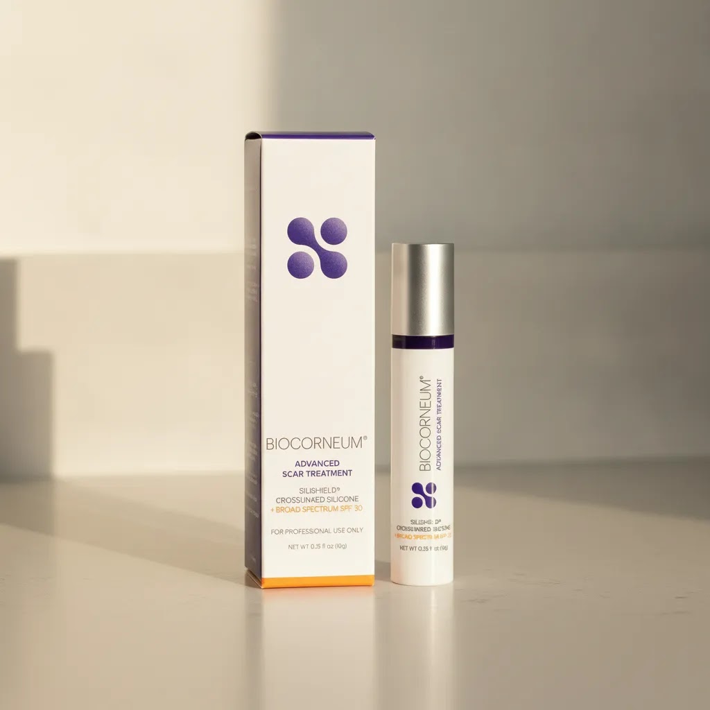 Biocorneum SPF 30 10g product info and reviews hero image showing a compact scar gel tube and box in a clean clinical setting