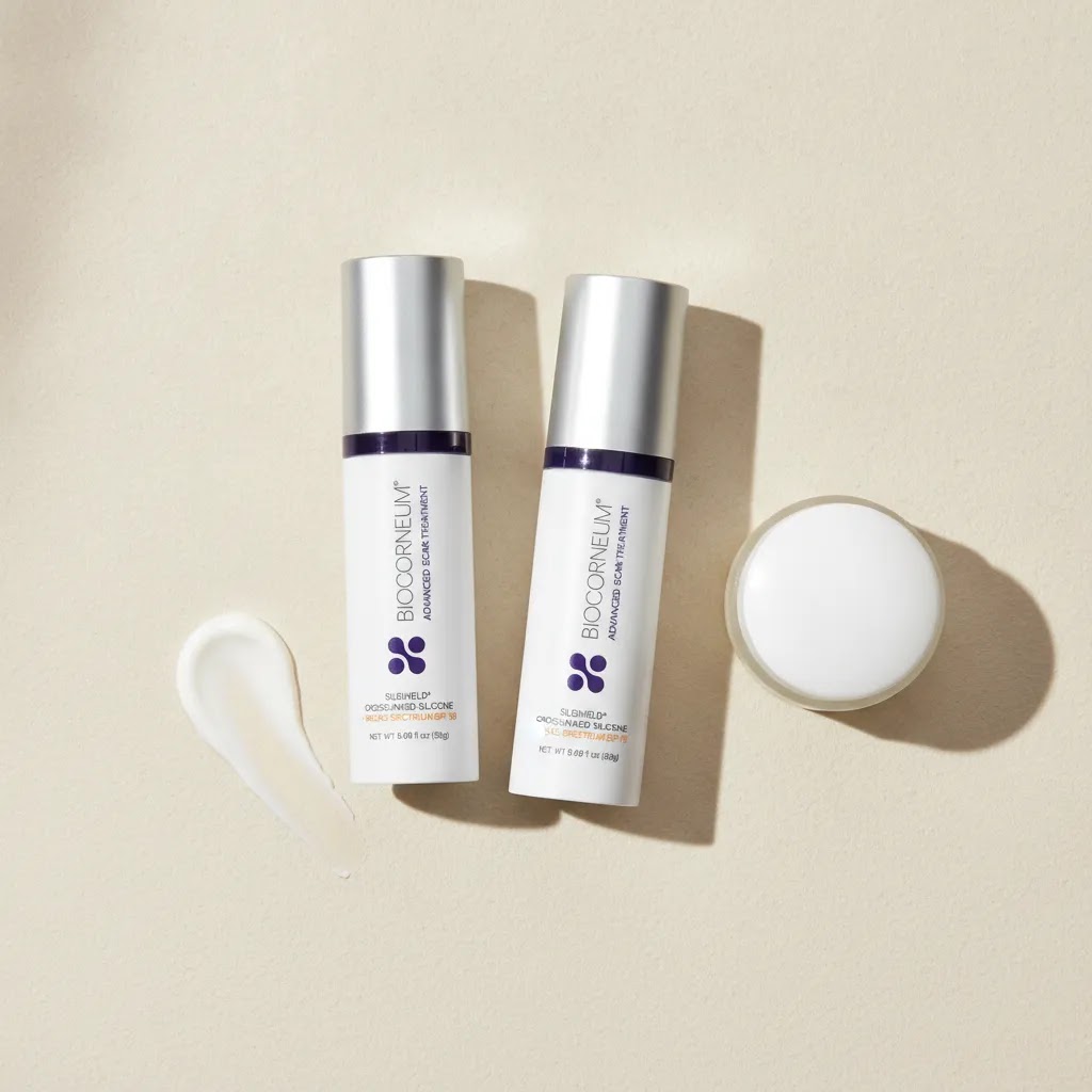 Biocorneum vs Silagen comparison image showing two medical-grade scar gel tubes with SPF and SPF-free routine cues