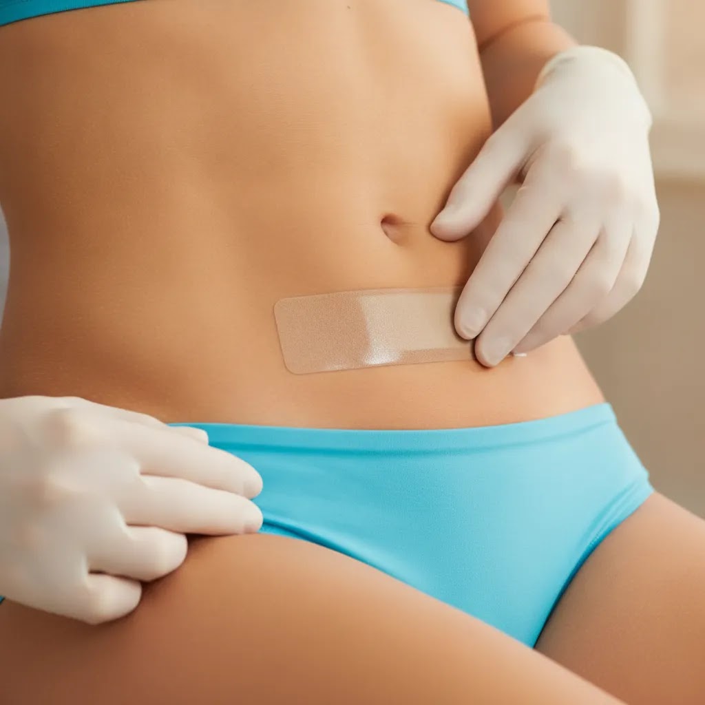 biodermis epi-derm c-strip silicone scar sheet applied over a healed lower abdominal incision area