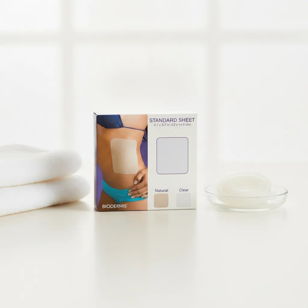 Biodermis Epi-Derm Standard Sheet silicone scar care product in a clean clinical editorial setting