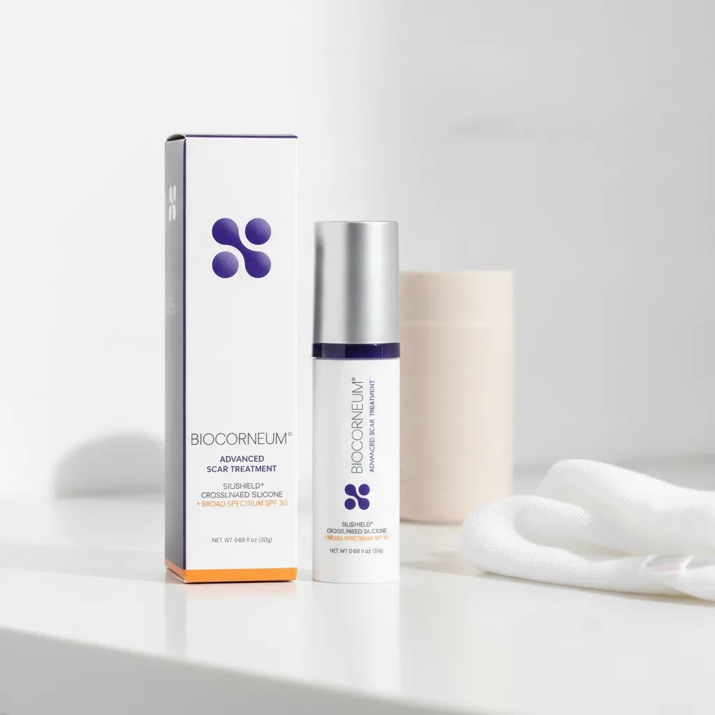 Biodermis scar gel BIOCORNEUM 20g in a professional daily scar care routine setting