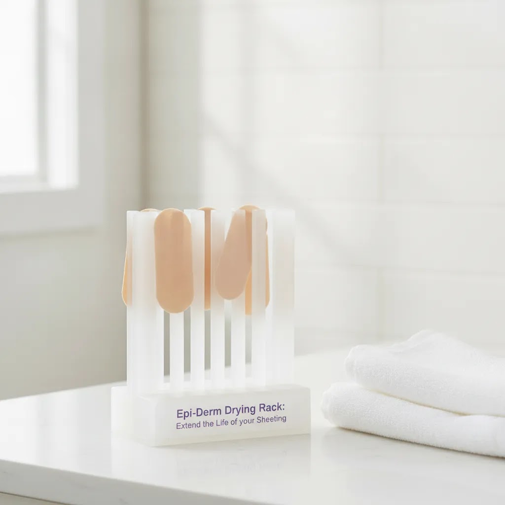 Biodermis scar sheets drying rack for daily care and sheet maintenance in a clean bathroom setting