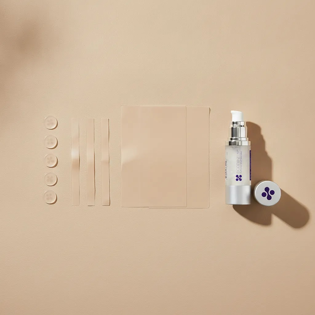 Biodermis scar sheets size guide showing tabs strips full sheets and silicone gel arranged by size