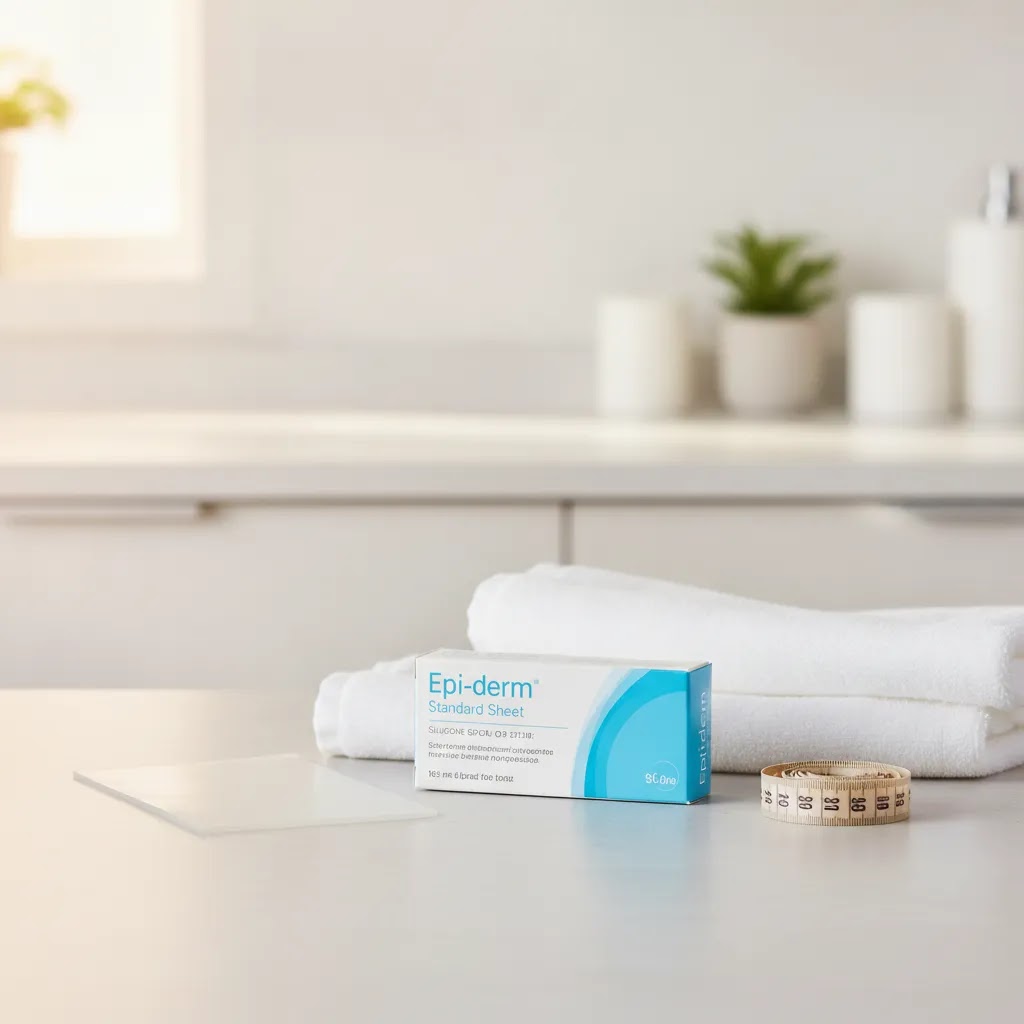 Biodermis silicone scar sheets sizing image with Epi-derm Standard Sheet packaging and a translucent silicone sheet