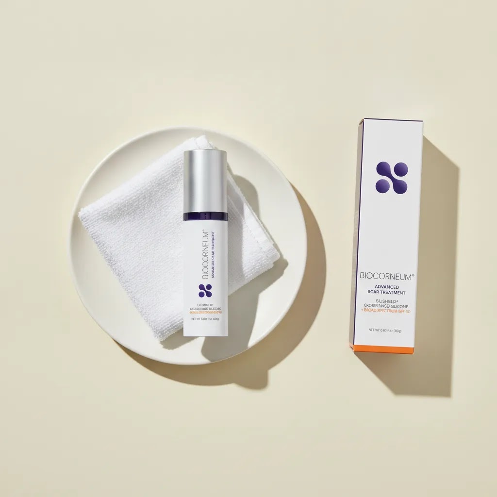 Bruise treatment guide image featuring BIOCORNEUM SiliSilk Advanced Scar Gel during bruise healing stages