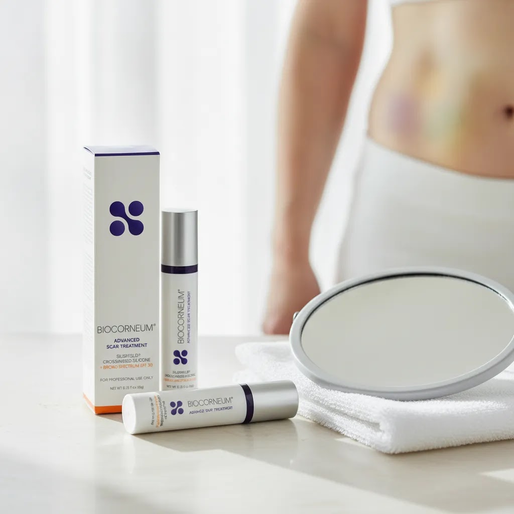 Bruise treatment guide image featuring BIOCORNEUM 20g for post surgery bruise care and healing support
