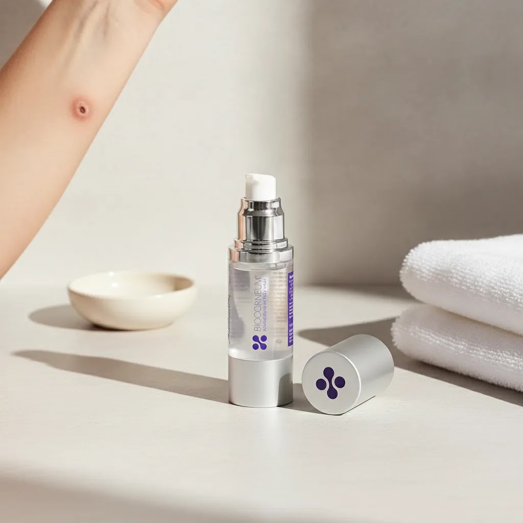 BIOCORNEUM SiliSilk Advanced Scar Gel for cigarette burn scar care on a clean clinical surface