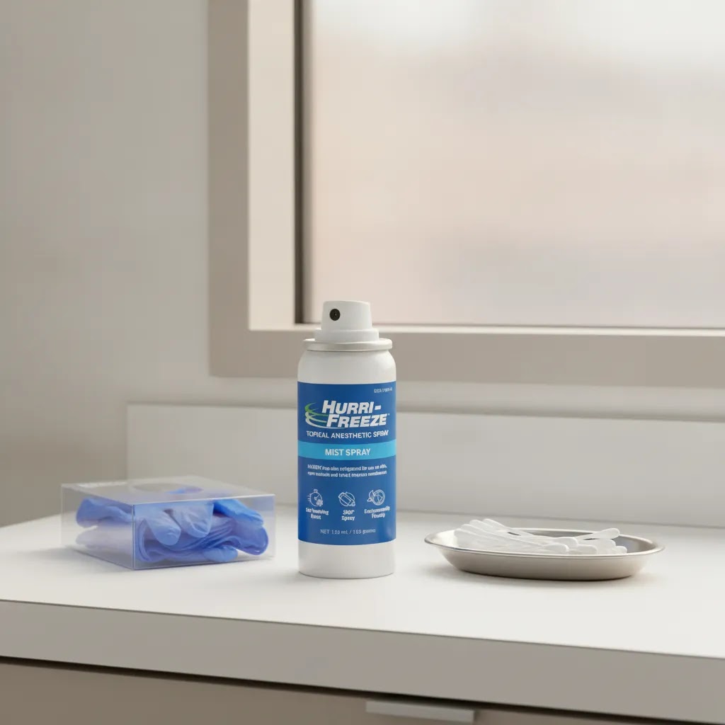 Cryotherapy and freeze products used in a clinical setting with Hurri-Freeze spray on an exam counter