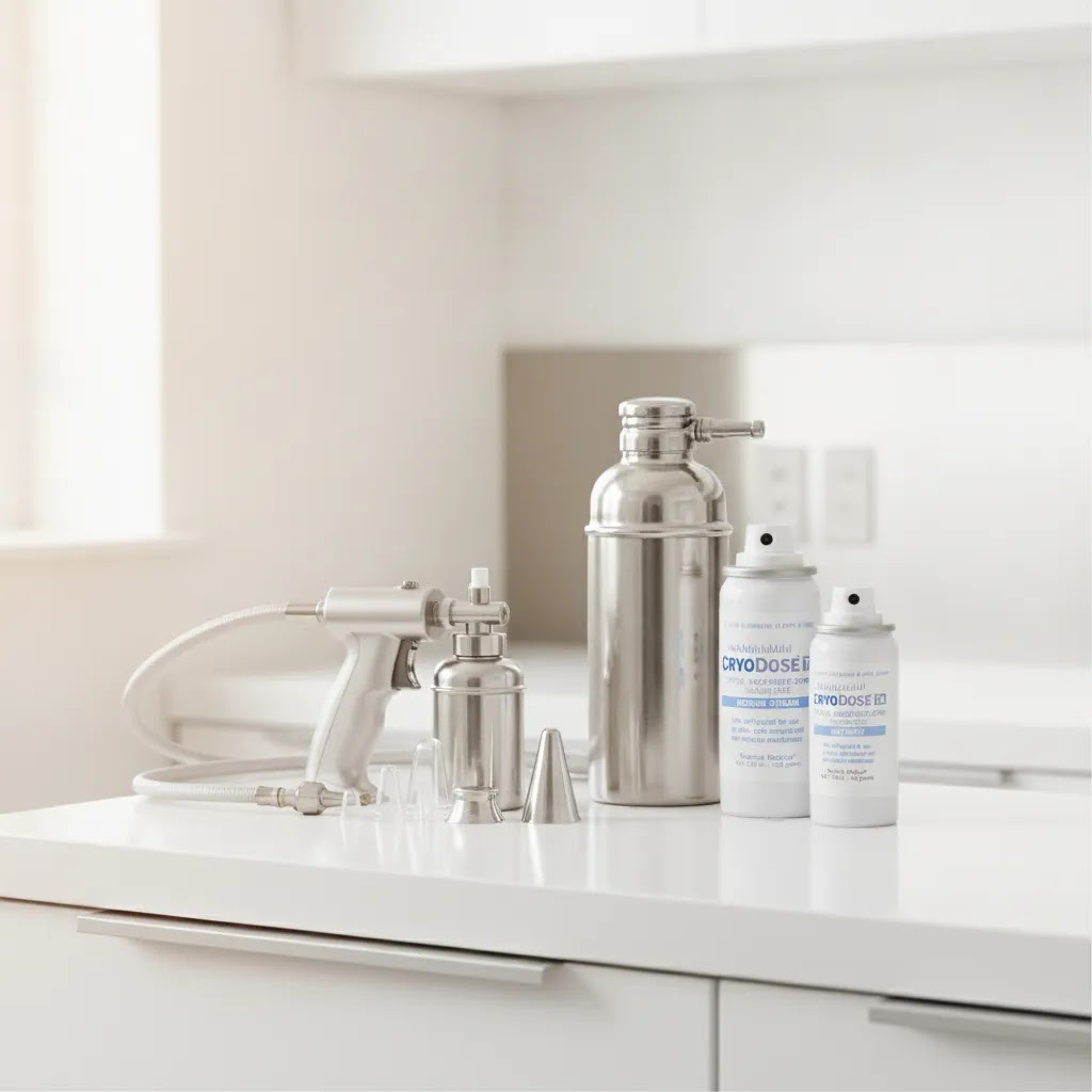 Cryotherapy and freeze products comparison showing clinical cryosurgery devices and cold spray products in a medical setting